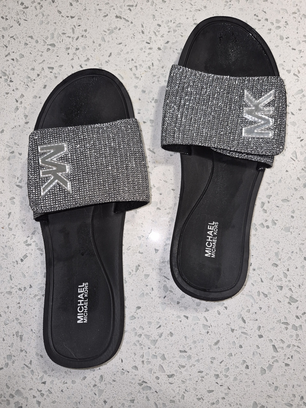 Michael Kors Black Slide Sandals with Silver Sparkle Strap Size 9